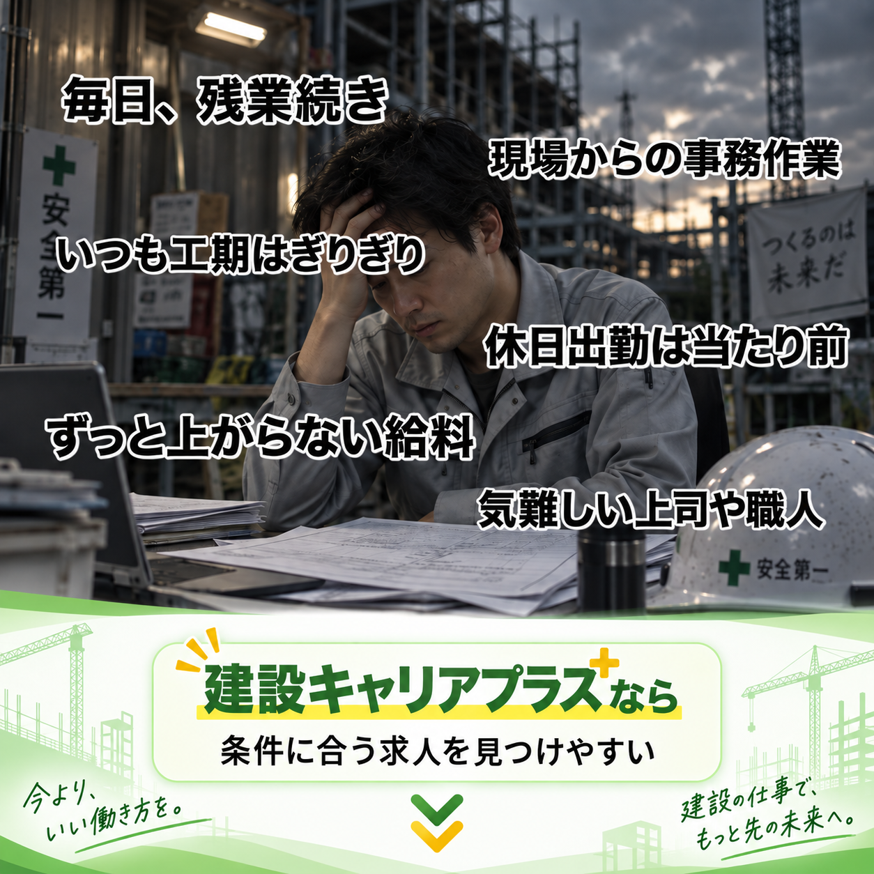 毎日、残業続き／現場からの事務作業／いつも工期はぎりぎり／休日出勤は当たり前／ずっと上がらない給料／気難しい上司や職人。建設キャリアプラスなら条件に合う求人を見つけやすい