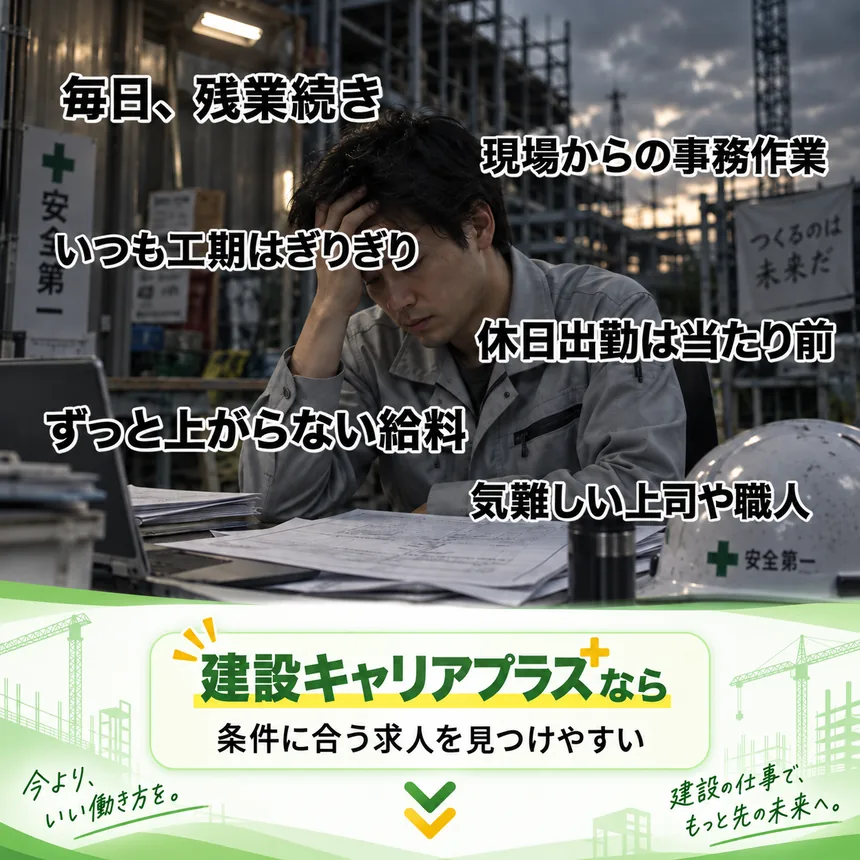 毎日、残業続き／現場からの事務作業／いつも工期はぎりぎり／休日出勤は当たり前／ずっと上がらない給料／気難しい上司や職人。建設キャリアプラスなら条件に合う求人を見つけやすい
